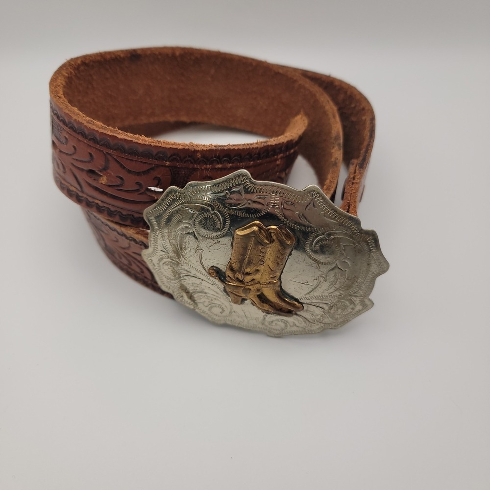 Vintage‎ Western Tooled Leather Belt Cowboy Boots Buckle Brown Size Unknown